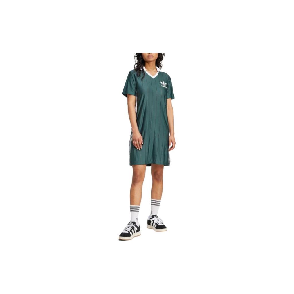 Adidas Originals Adicolor Series Stripe Comfort Soft Breathable Pullover Midi Short Sleeve Dress Women Dress Mineral-Green IX5507