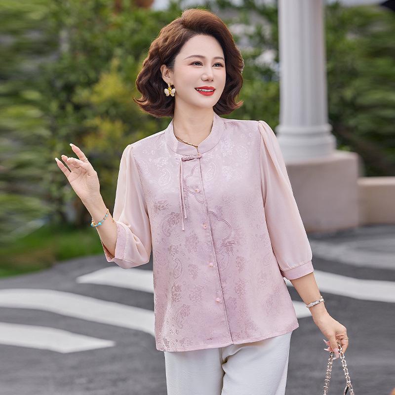 

Mom s Chinese-Style Elegant Summer Shirt for Middle-Aged and Elderly Women - Retro Loose Slimming Top 2XL (recommended 100-115 jin) рожевий