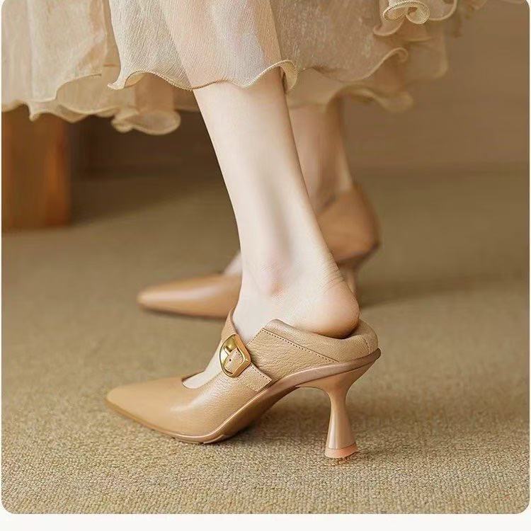Pointed one-word buckle high heels women's spring new thin heel Mary Jane single shoes can be stepped on