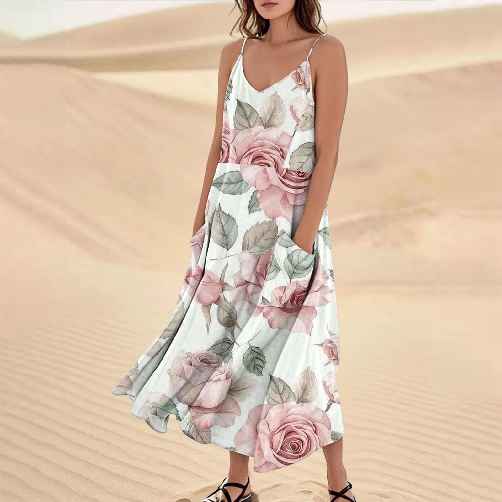 

Женское повседневное платье-сарафан с V-образным вырезом, цветочным принтом, без рукавов, с карманом M светло-розовый