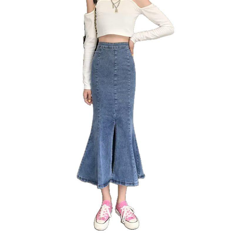 Damen Denim Fishtail Midi Rock - Hohe Taille, Schlankmachend, Rüschenschlitz, Petite A-Linie für Frühling/Sommer