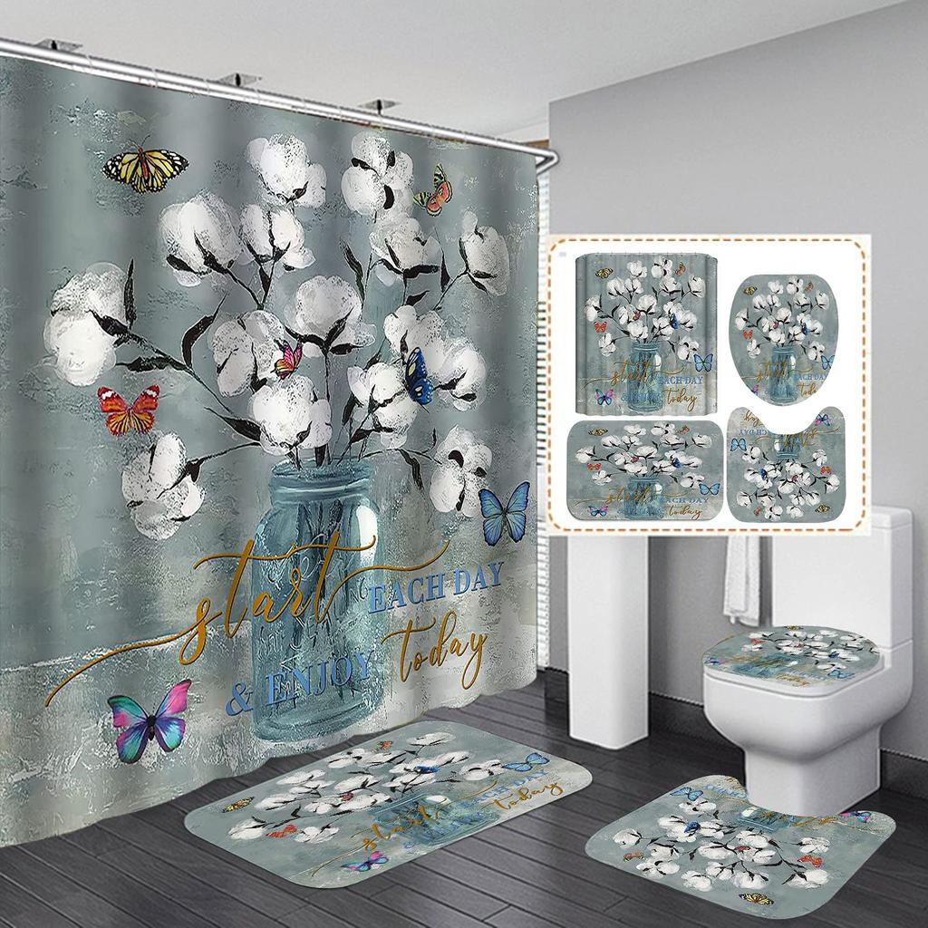 Butterfly Daisy Sunflower Shower Curtain Sets Retro Floral Vintage Country Farmhouse Flower Rustic Wooden Bathroom Decor Sets