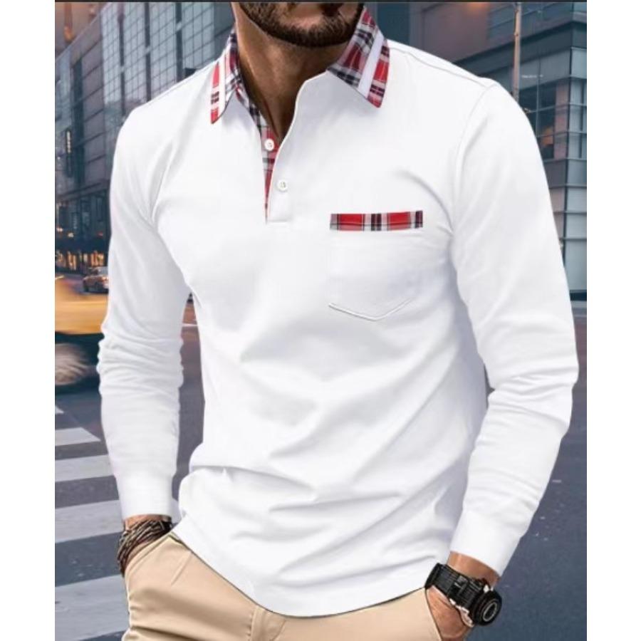Long Sleeve Lapel Polos Shirts Check Patchwork Tops Men's Casual Spring Autumn Sports Polo Shirt