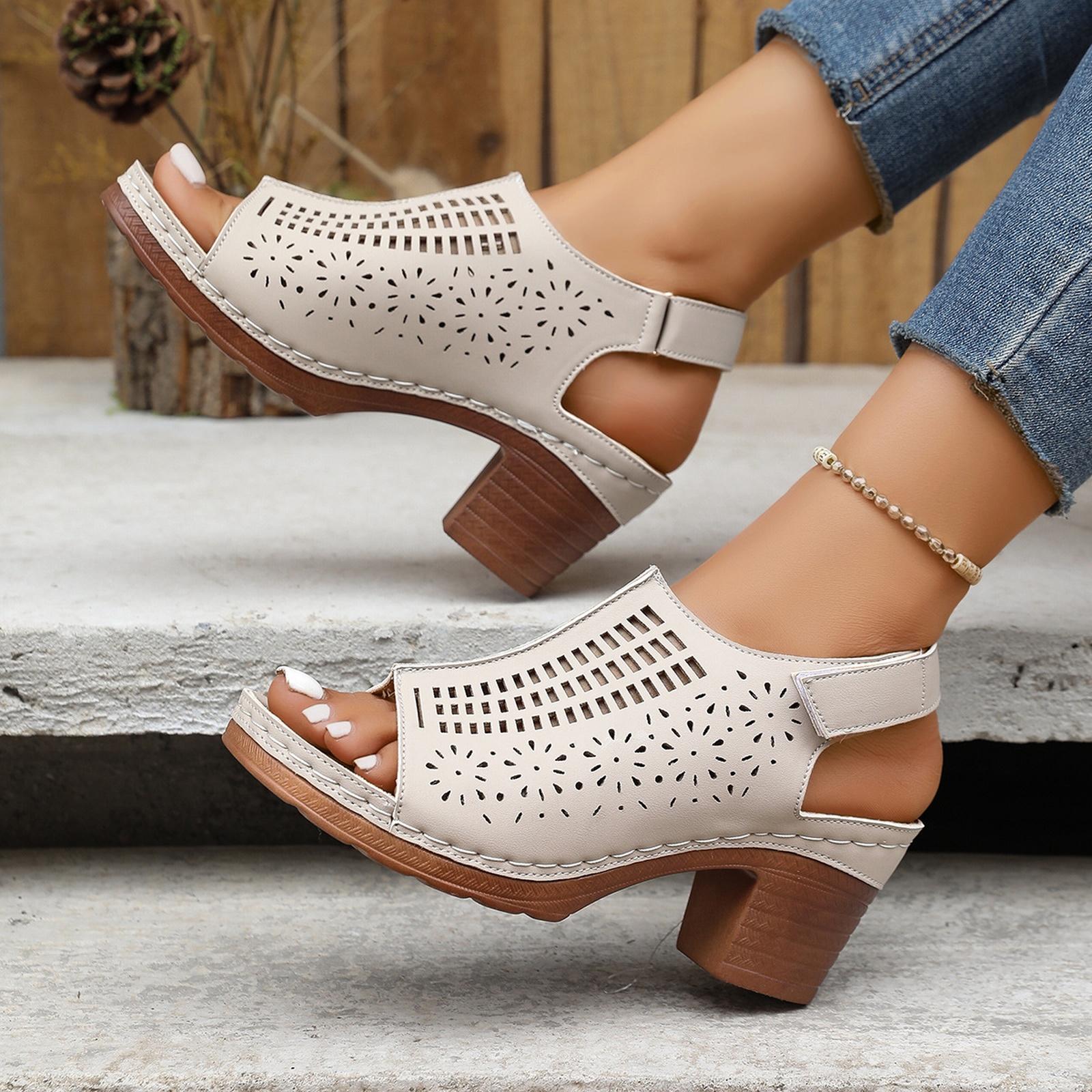Women s Plus Size Cutout Peep Toe Chunky Heel Summer Sandals 38 бежевый 1980₽