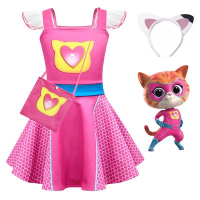 SuperKitties Mädchen Cosplay Kleid mit Tasche Katzenohren-Haarreif Kinderkostüm Sommer Flatterärmel Ursache Outfits Geburtstagsgeschenk