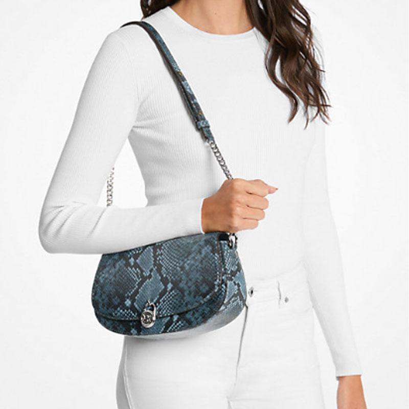MICHAEL KORS Mila Snake Embossed Silver Hardware Polyurethane Shoulder Bag Medium Women's Cornflower