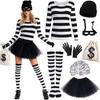 Damen Halloween Dieb Kostüm Set Enthält Gestreiftes Langarmshirt Rock Handschuhe Socken Maske Mütze Geldbörse und Spielgeld für Party