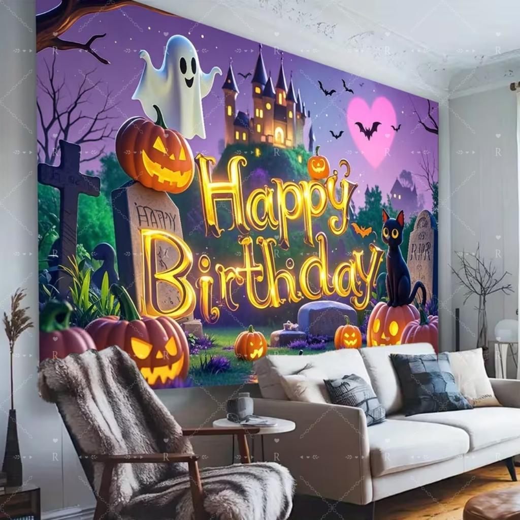 Happy Halloween Party Decoration Background Pumpkin Bat Moon Spider Web Cute Ghost Backdrop Trick or Treat Banner Holiday Decor96