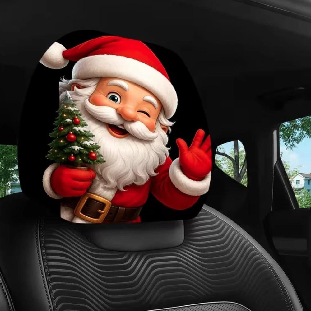 2PCS Cartoon Santa Claus Car Headrest Cover Elastic Headrest Cover Christmas Decoration