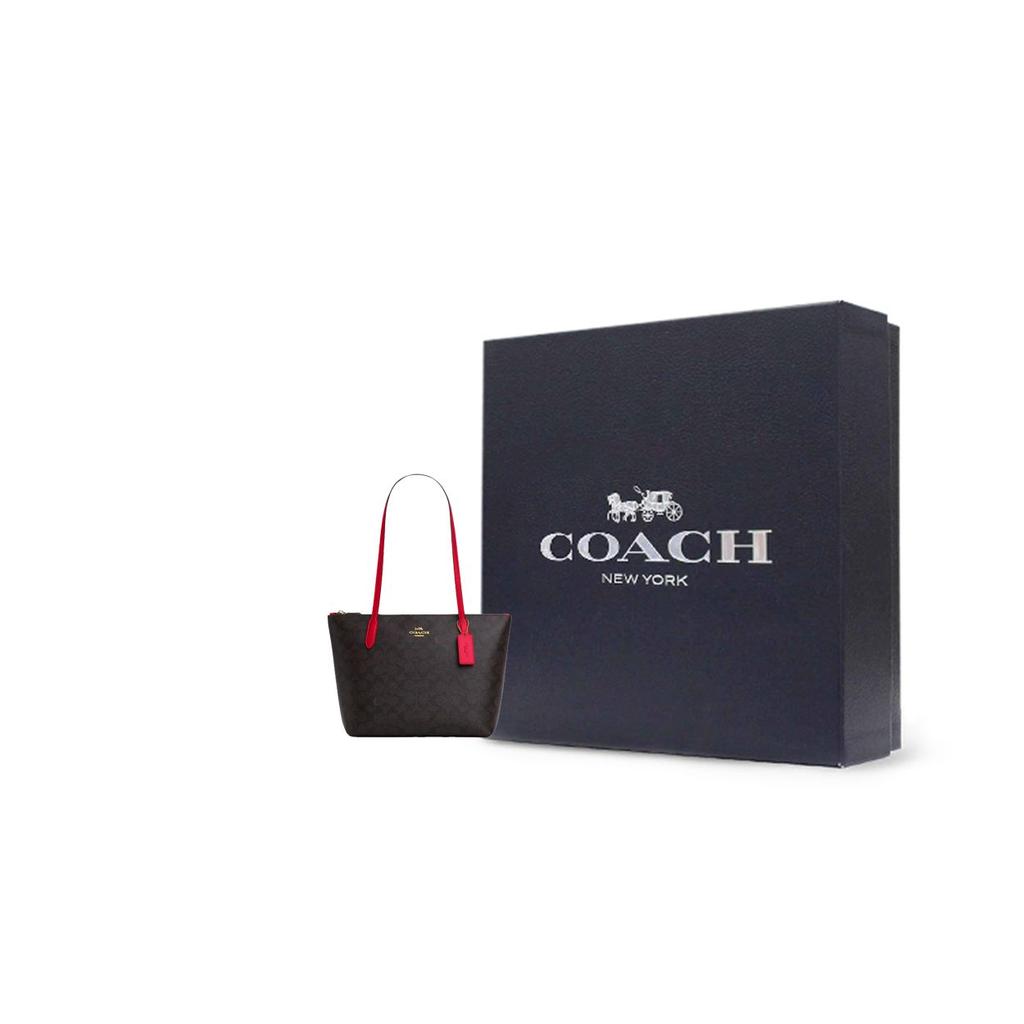 Coach 24 Brand Logo Zipper Closure Coated Canvas Tote Shopping Bag Shoulder Bag Medium Women tote Walnut CX611-IMXD0