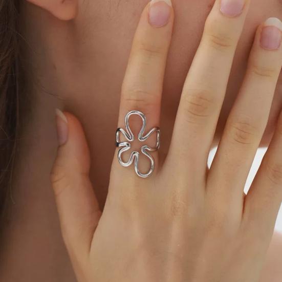Thumb Ring Irregular Hollow Flower Shape Adjustable Opening Design Finger Ring Stainless Steel Finger Band Versatile Jewelry Gift
