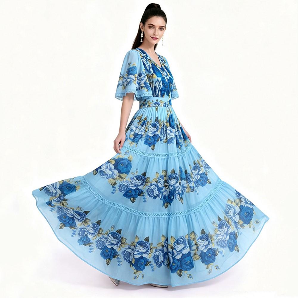 Short sleeve Plus size pleated vintage floral new in dresses for women casual maxi long summer dress