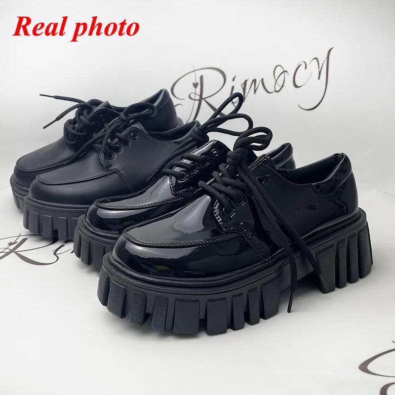 Fashion Rimocy Patent Leather Platform Oxford Shoes for Women 2025 Spring Casual Lace Up Flats Woman Black Chunky Shoes Zapatillas Mujer