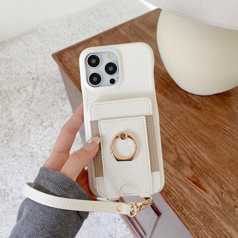 

For iPhone 14 Pro Case Card Slots Kickstand PU Leather Back Cover with Ring Holder,Wrist Strap White