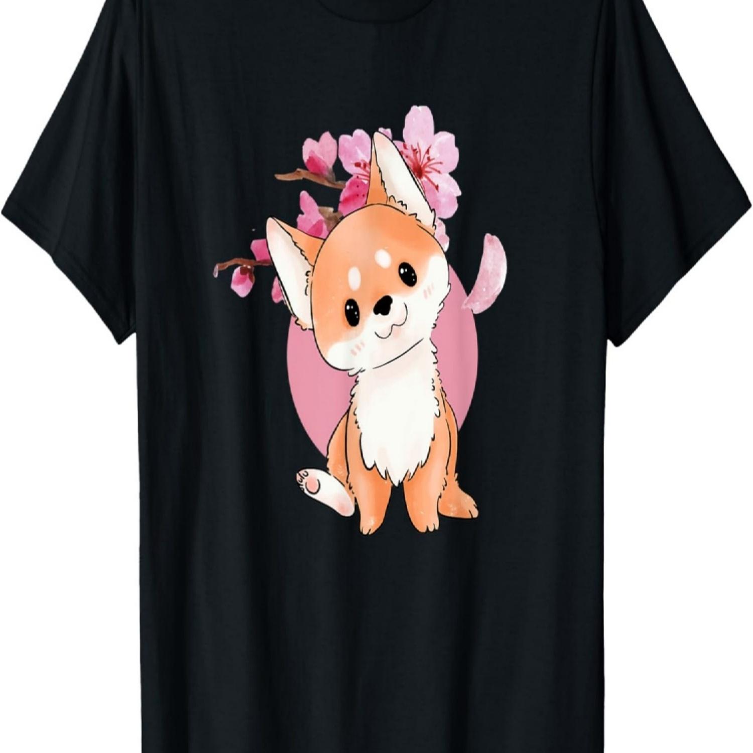 Cute Shiba Inu and  Sakura Cherry Blossom T-Shirt S чёрный