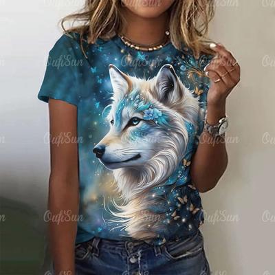 Nuova T-shirt Da Donna Magliette Con Stampa Lupo Girocollo Manica Corta Larga Blusa Moda Femminile Top Grafici Animali Streetwear Harajuku