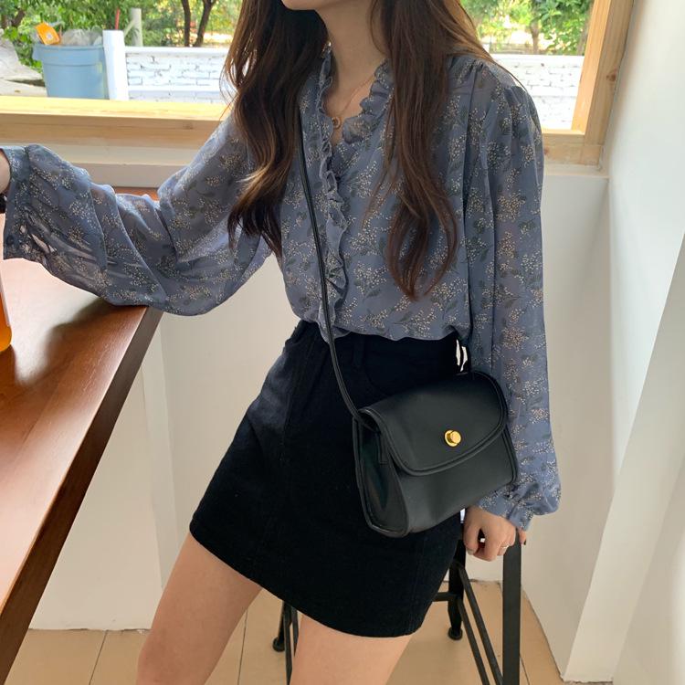 2025 Chic Korean Style Floral Chiffon Women's Long-Sleeve Puff Shirt
