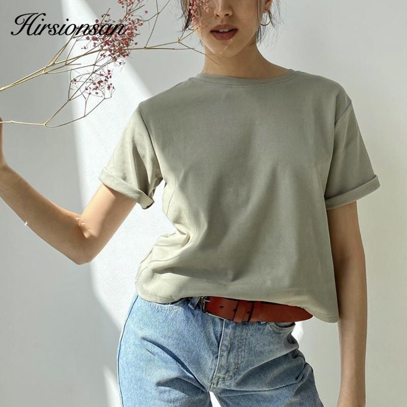 Hirsionsan 100% bomull Oversized T-skjorte kvinner Harajuku Basic løse kortermede t-skjorter Myke kvinnelige solide topper Khaki sommergenser