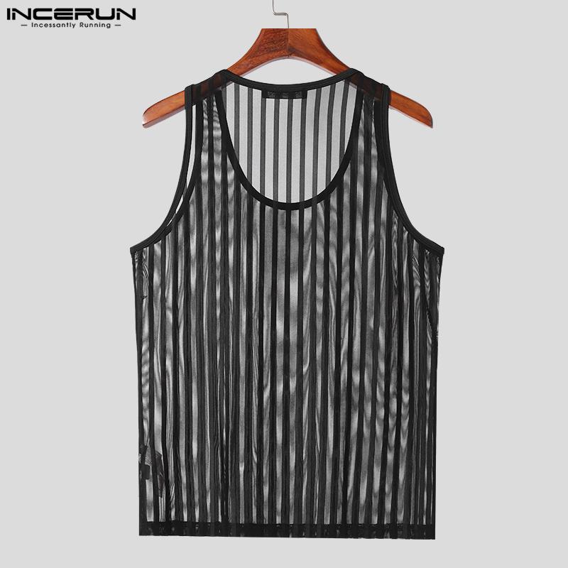 INCERUN Men Sleeveless See Through Vest Mesh Striped Tank Tops