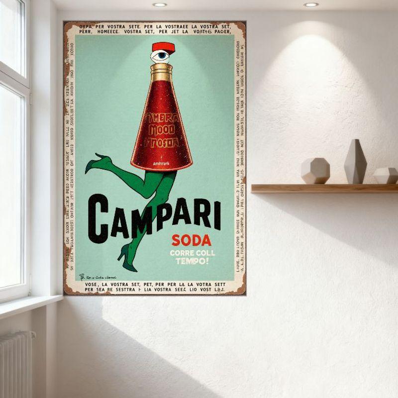 Vintage Campari Soda Metal Tin Sign, Anthropomorphic Bottle Design, Italian Text, Retro Distressed Edge, Home Bar Man Cave Decor