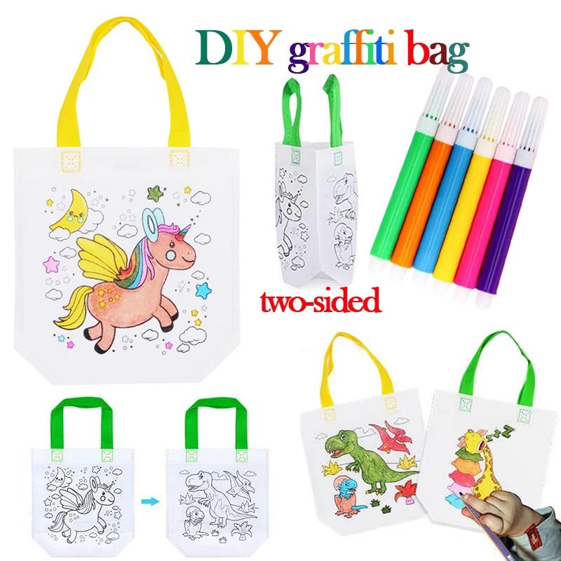 1-10Pcs Sets Diy Graffiti Bag With Markers Handmade Painting Non-Woven Bag For Children Arts Crafts Color Filling Drawing Toys