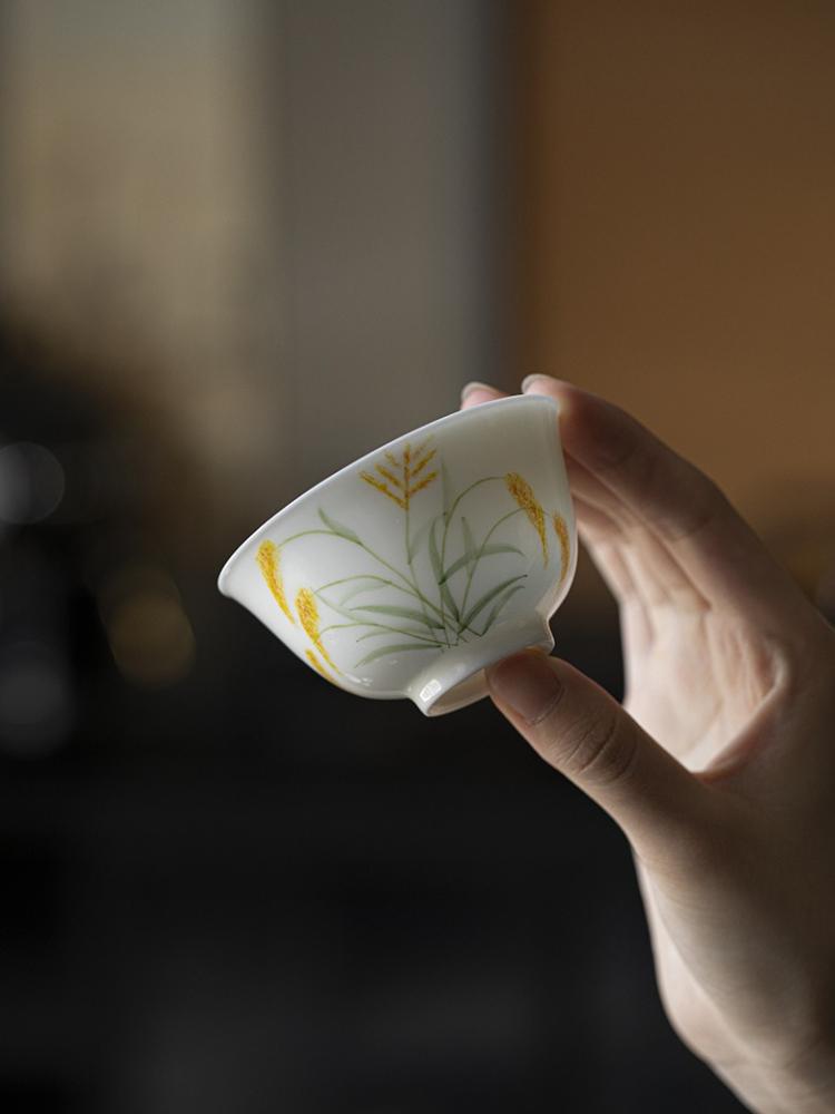 Hand-Painted Wheat White Porcelain Tea Cup - Large Zen Master Cup for Home, Pu-erh Tea Andmade Ceramic Drinking Gift