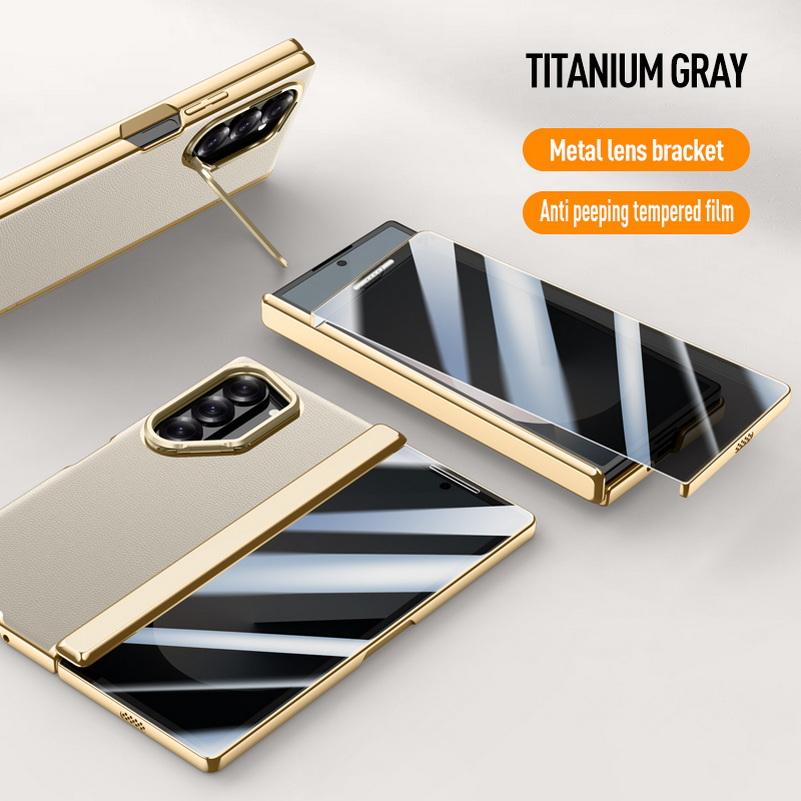 Galvanisierte Federgelenk-Schutzhülle aus echtem Leder und gehärtetem Glas für Samsung Z Fold 6 Galaxy Z Fold6 Rundumschutzhülle