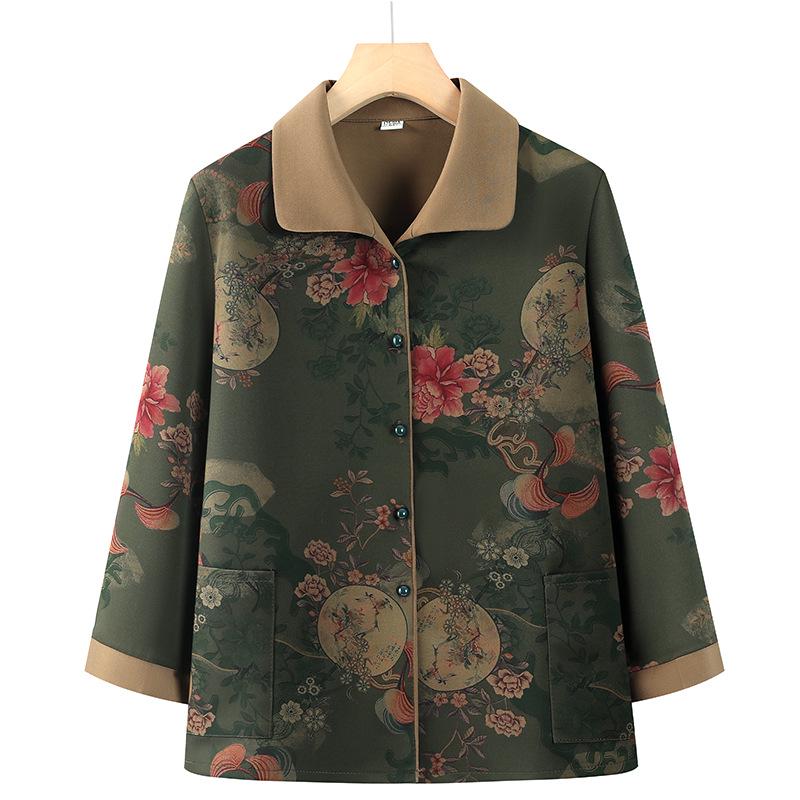Grandma's Long-Sleeve Floral Shirt for Women Aged 60-80 - Spring/Autumn Turn-Down Collar Jacket