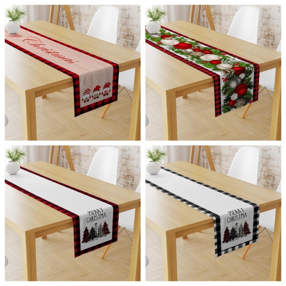 Festive Christmas Table Runner with Holiday Print Linen Table Cover for Home Decor