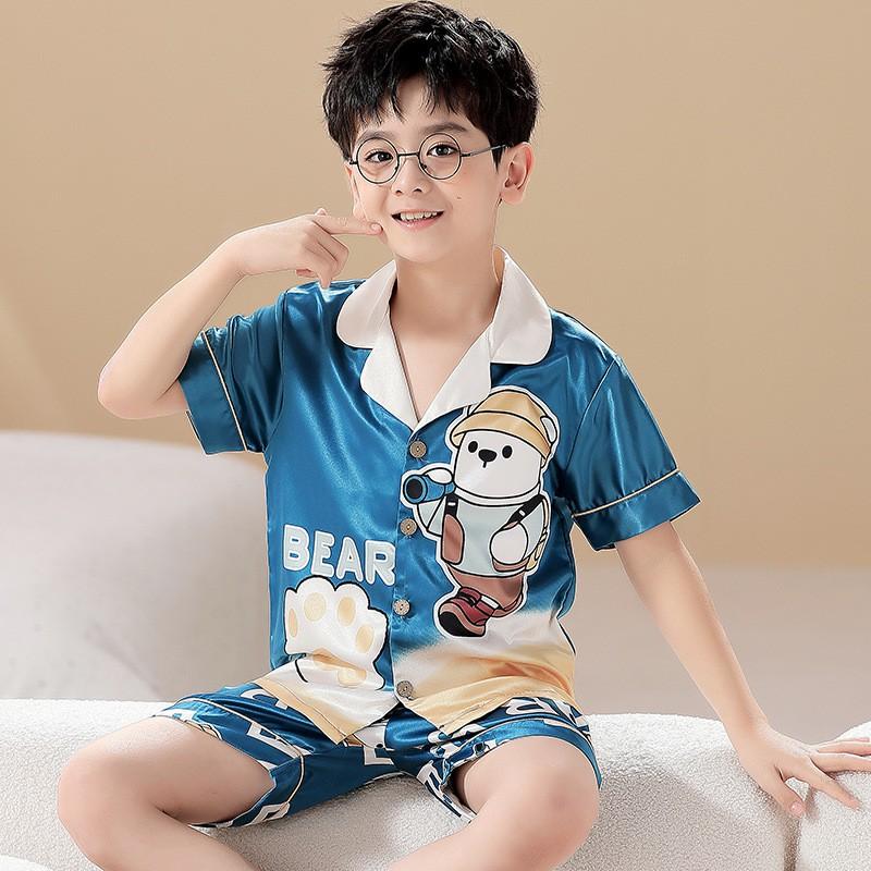 Boys Pajama Set Ice Silk Short Sleeve Cartoon Sleepwear Kids 8 Years Home Loungewear