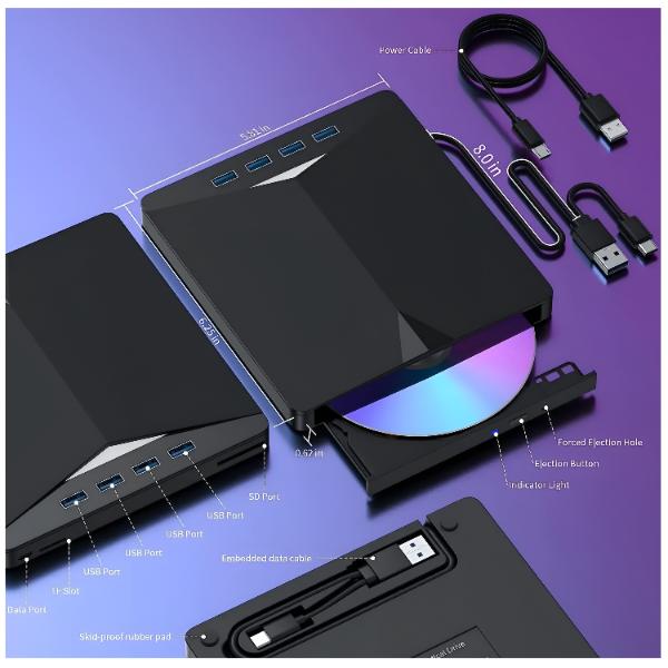 7-in-1 USB 3.0x4 Externer CD/DVD-Brenner SD/TF-Kartenleser USB-Hub