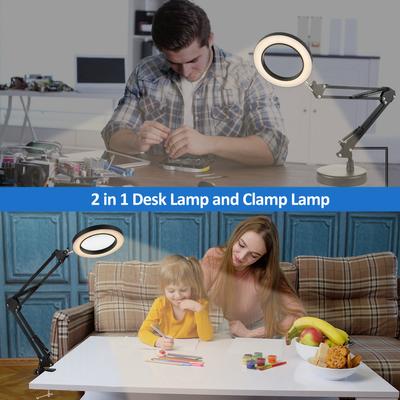 10X Magnifying Glass with Light Stepless Dimmable 2 In 1 Desk Lamp and Clamp Adjustable Swing Arm LED Lighted Desk Lamp