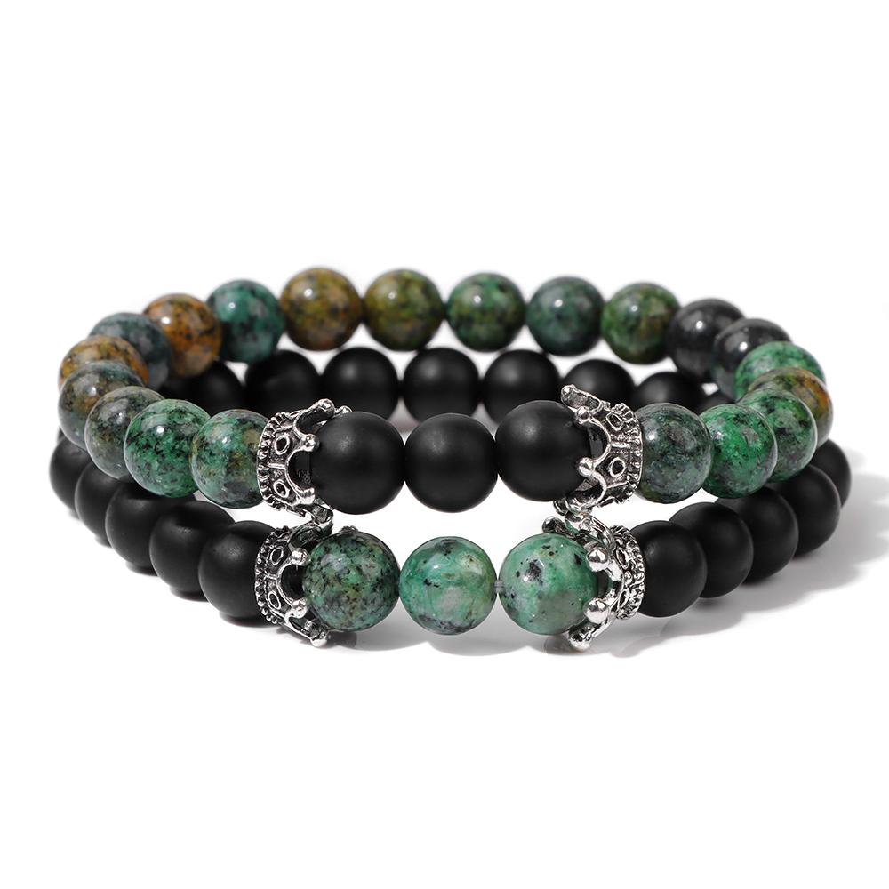 2Pcs/Set Natural Map Stone Beads Bracelet Fine Crown Charm Bracelets Balance Quartz Elastic Wrist Jewelry for Men Women 8mm