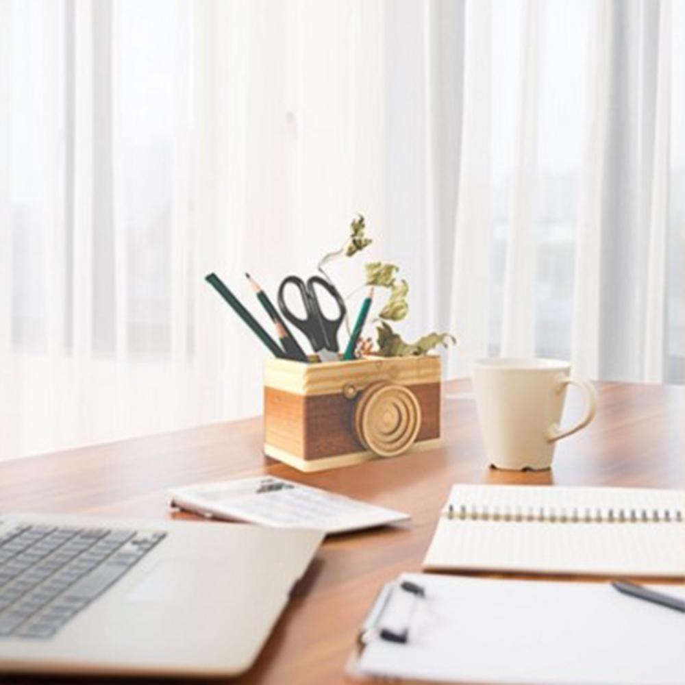 Camera Office School Supplies Pencil Holder Makeup Organizer Desk Accessories Wooden Pen Holder