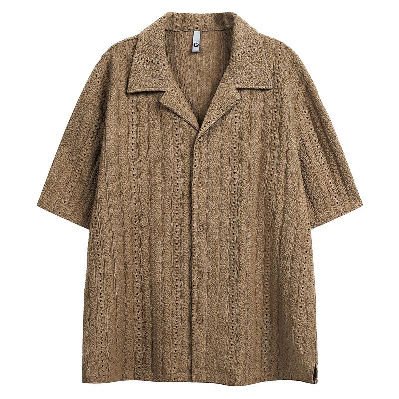 New Summer Breathable Hollow Out Short Sleeve Shirt Men's Loose Casual Retro Top