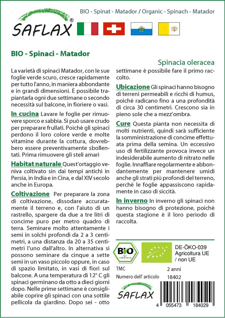 SAFLAX Garden In the Bag - Organic - Spinach - Matador - 300 Seeds - With Substrate In a Fitting Stand Up Bag - Spinacia Oleracea