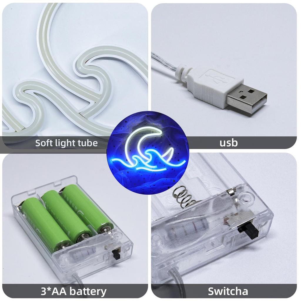 ENUOLI Neon Sign, Neon Light, Room Light, Moon, Wave, Wall Hanging, Interior Decor, Wall Decoration, Birthday Gift, Shop, Bar, Home, Coffee Shop,