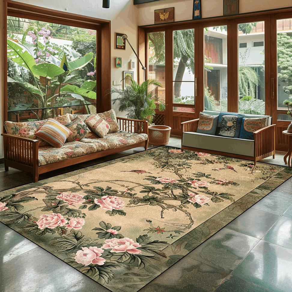 Chinese Style Home Decoration Carpet Living Room Retro Flower Carpets Hall Sofa Chair Floor Mat Bedroom Cloakroom Large Rugs
