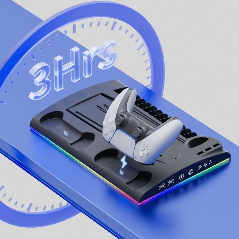 Vertical Stand for Console with Controller Charging Dock Light Headphone Holder & Cooling Fan Game Cartridge Slot