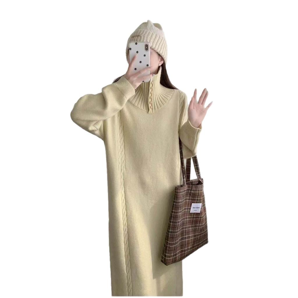 Women's Turtleneck Button Front Knit Maxi Dress Lantern Sleeve Cable Knit Casual Loose Fit Dress