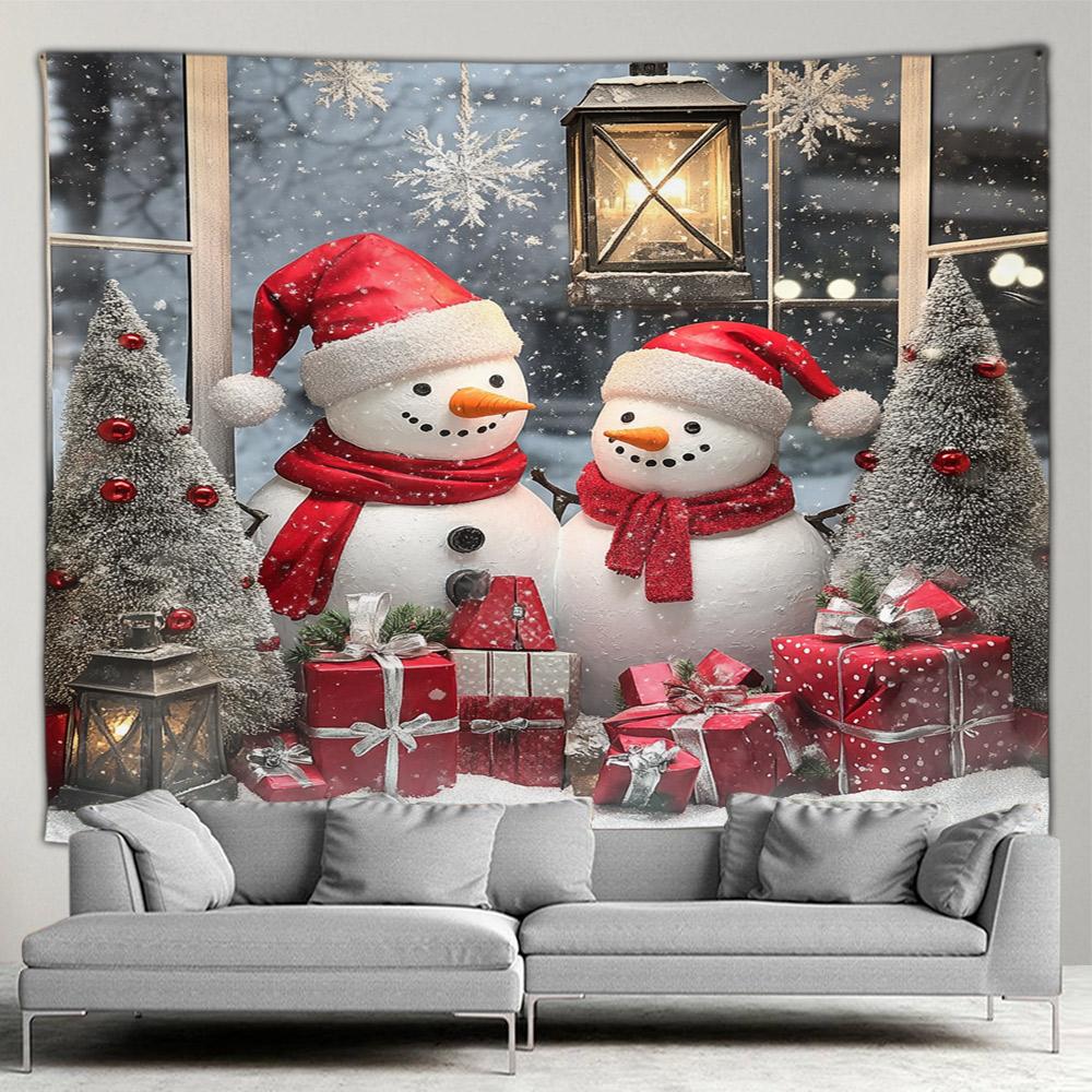 Cute Snowman Christmas Tapestry Xmas Tree Gifts Red Curtains Window Winter Scenery New Year Home Living Room Decor Wall Hanging