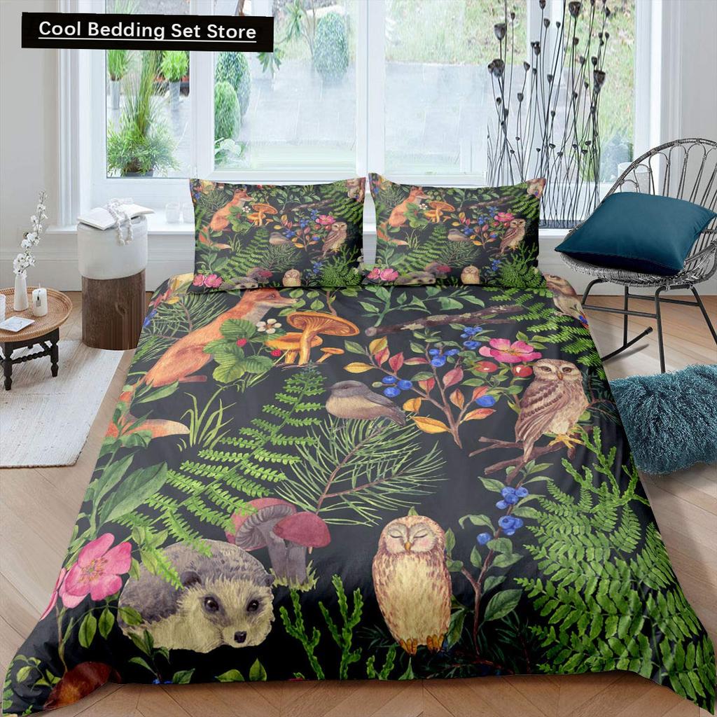 Black Owl King Queen Duvet Cover Moon Safari Bird Animal Bedding Set Lovely Wildlife Quilt Cover Grey Polyester Comforter Cover