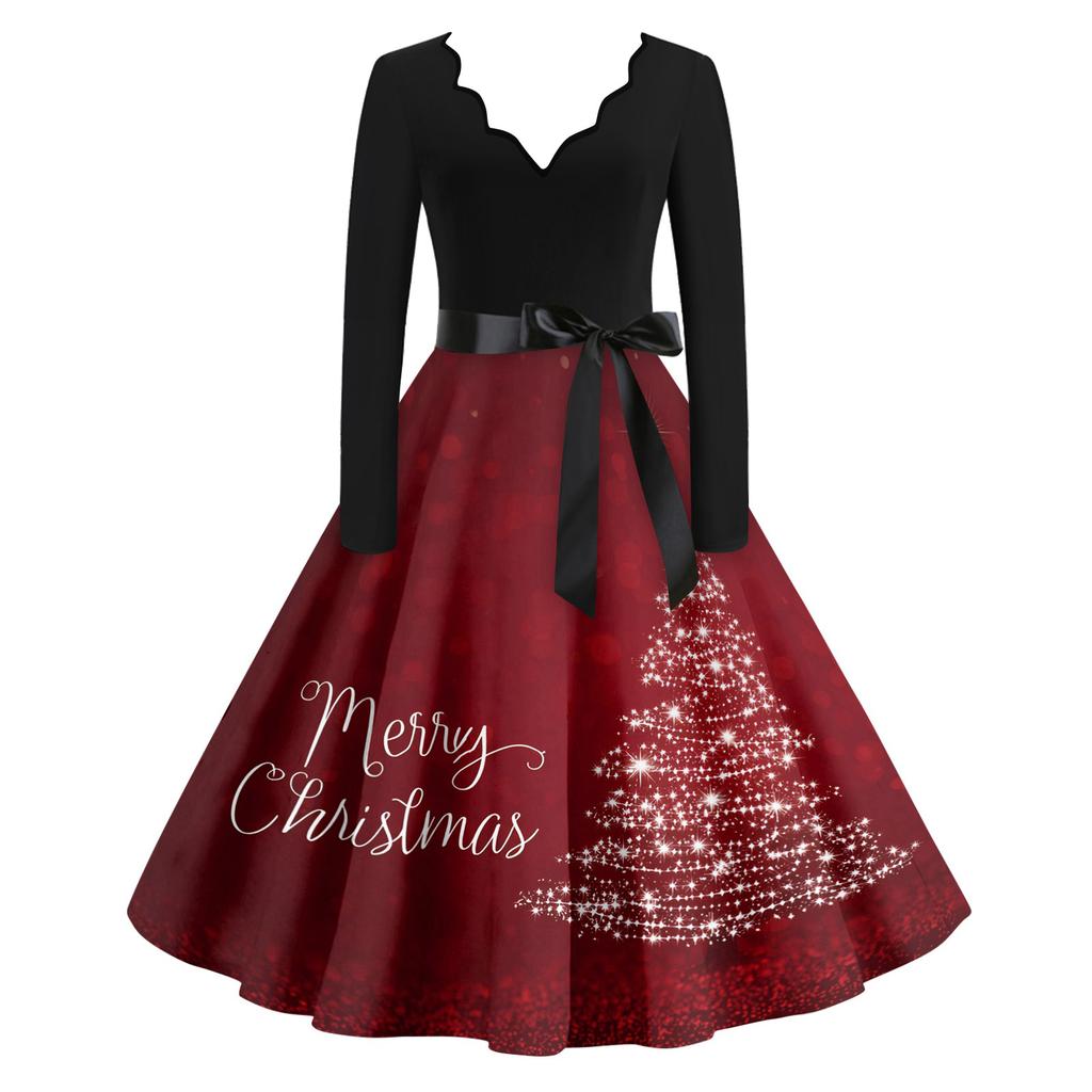 Women's Casual Fashion V Neck Christmas Printed Vintage Dress