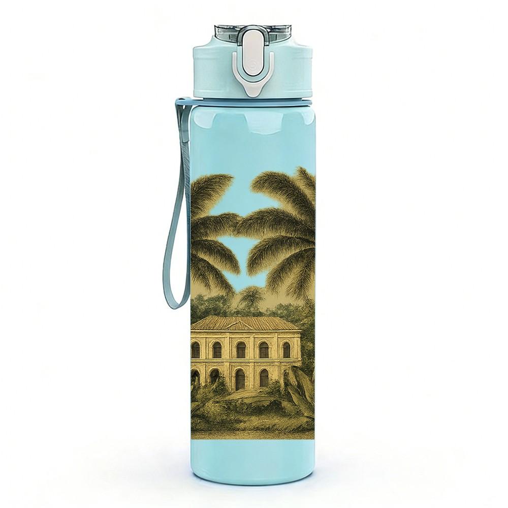 1PC Tropical Palm Tree Island 750ml Color Plastic Sports Water Bottle Leakproof Flip Straw Lid Suitable for Sports Office Home Use