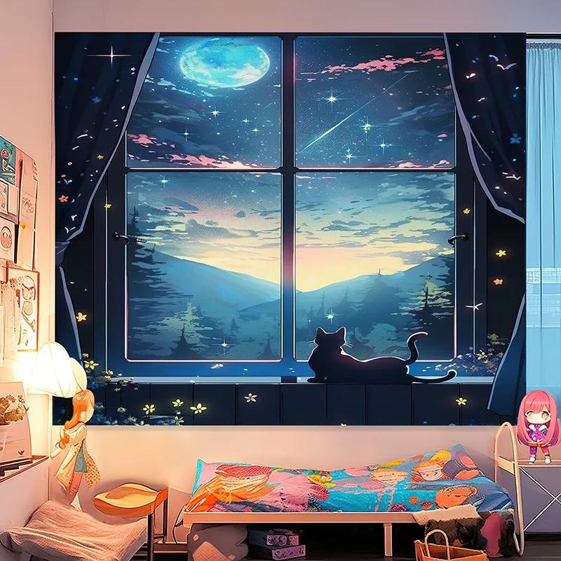 Charming Anime Window View Tapestry Scenic Landscape Design Ideal for Bedroom or Living Room DecorLarge Wall Hanging Artwork
