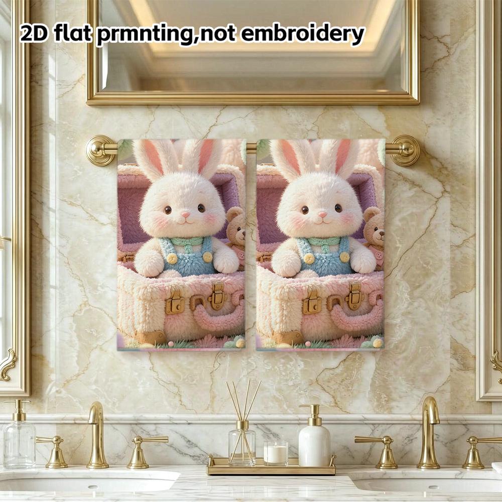 Cute Plush Bunny Castle Print Towel, Soft Absorbent Kids Bath Hand Towel, Pastel Fantasy Rabbit Pattern Towel