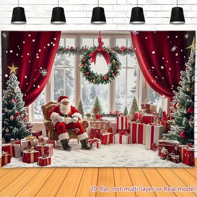 2D Flat Christmas Background Cloth, Santa Claus & Gift Boxes Scene with Snowy Window View