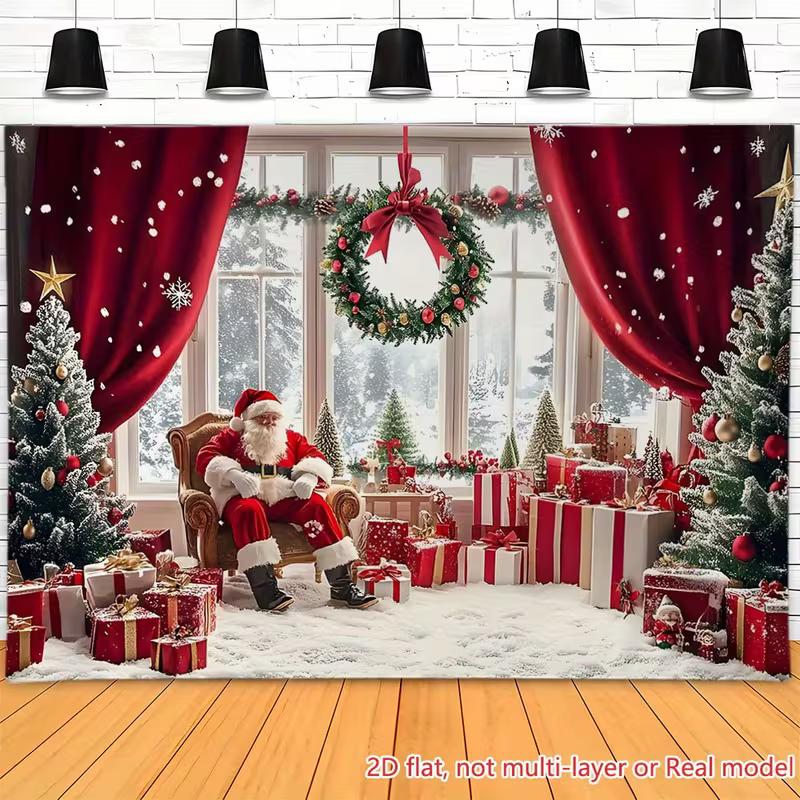 2D Flat Christmas Background Cloth, Santa Claus & Gift Boxes Scene with Snowy Window View 47.2x31.5inch/120*80cm
