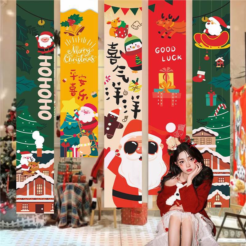 Christmas Hanging Flags Background Merry Christmas Santa Claus Snowman Hanging Banners Christmas New Year Atmosphere Decorations