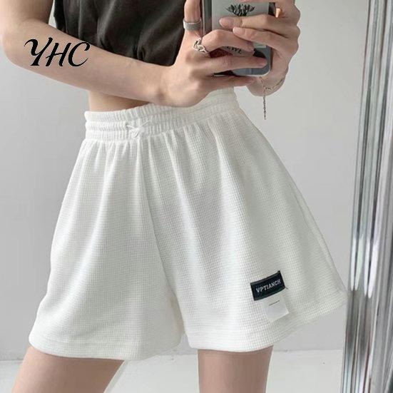 Loose Bottoms High-Waist Elastic Waistband Pockets Waffle Texture Women Shorts Fitness Wide Leg High Waist Sports Streetwear